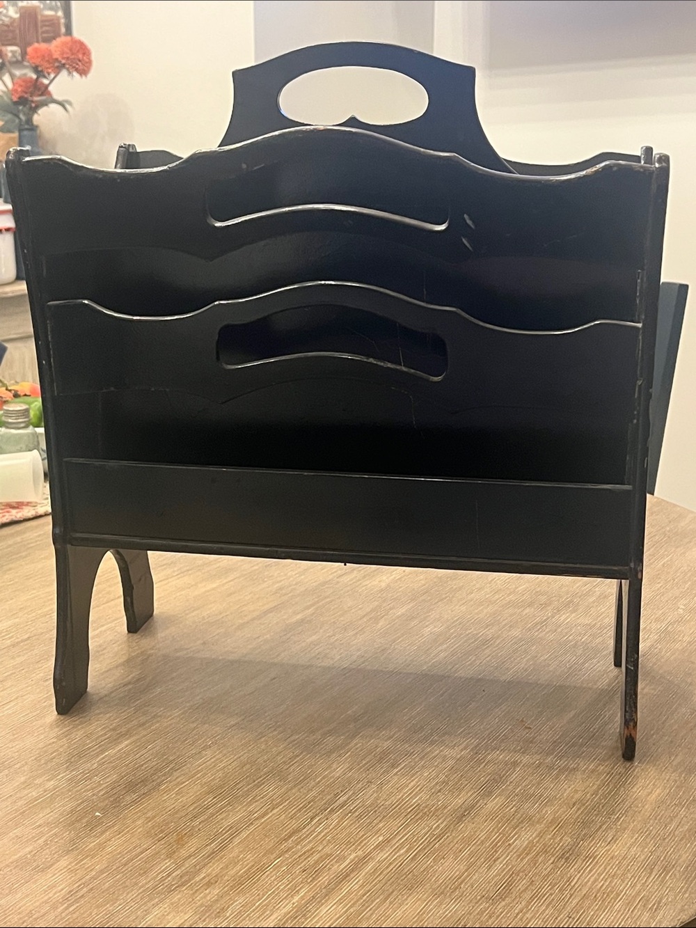 Vintage Black Wooden Magazine Rack on legs with Carry Handle Two compartments.